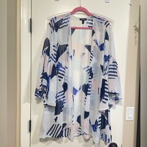 Torrid Plus Size 1/2 Kimono Pink Blue Abstract White Ruffle Trim Open